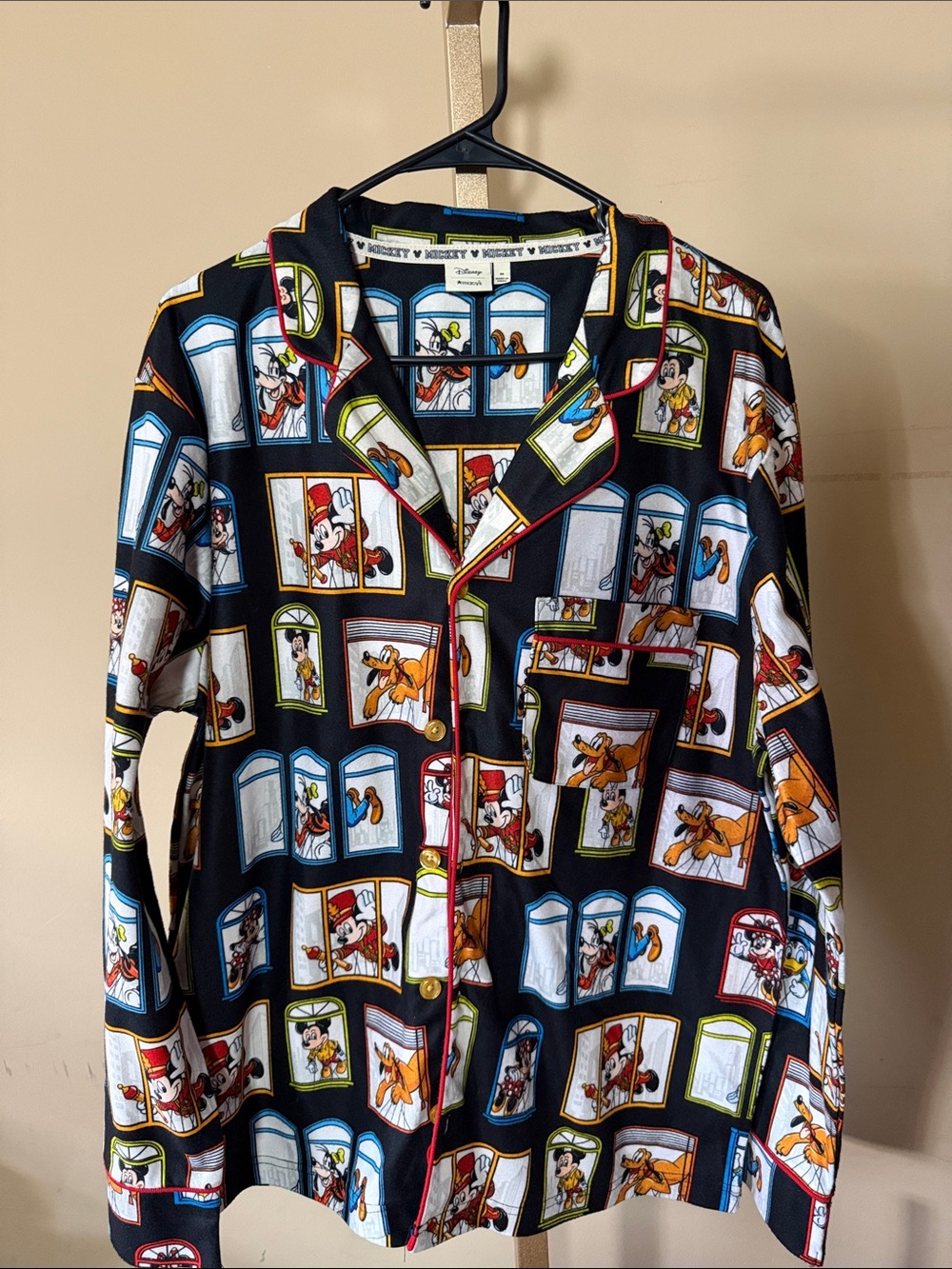 Disney Black Window-Panel Cartoon Print Button-Up Shirt
